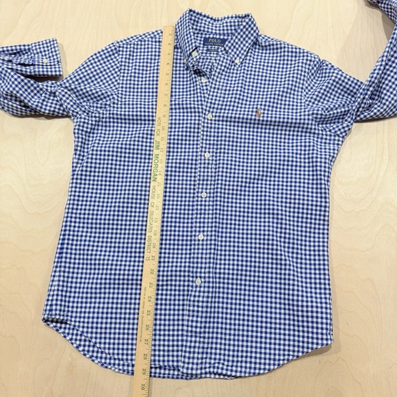 Polo Ralph Lauren Men's Medium Blue White Gingham Check Oxford Shirt Flesh Pony - Picture 8 of 10